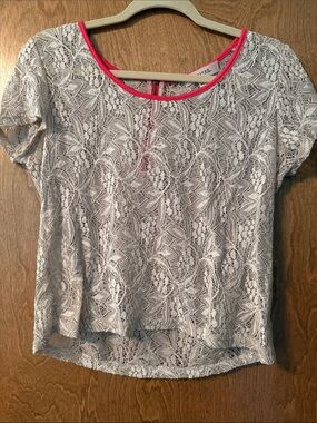 Monteau Ivory Lace Top with Pink Trim